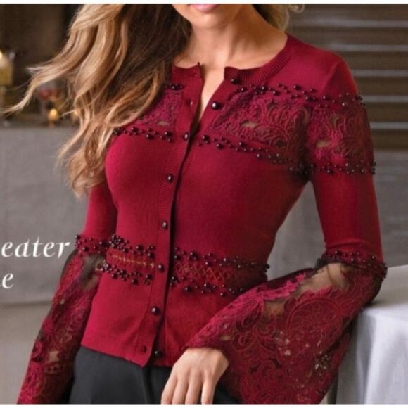 Boston Proper Cardigan Sweater Lace Bell Sleeve Pearl Red Black Medium EUC - Picture 1 of 11